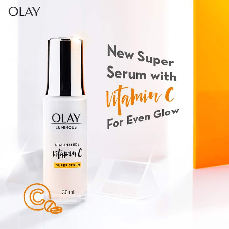 Olay Luminous Super Face Serum with Niacinamide and Vitamin C for brightening and evening skin tone, free from harsh chemicals.