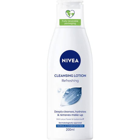 Nivea Cleansing Lotion Refreshing: A gentle, hydrating formula with Lotus Flower that removes waterproof makeup and nourishes skin.