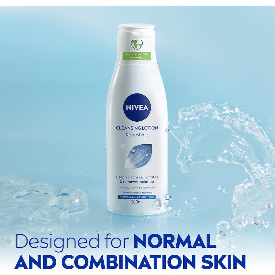 Nivea Cleansing Lotion Refreshing: Gentle formula enriched with Hydramine and Lotus Flower, removes makeup while hydrating skin.