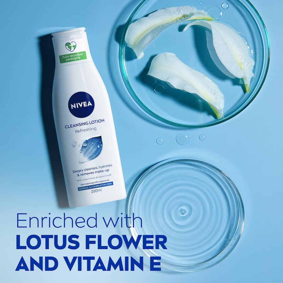 Nivea Cleansing Lotion Refreshing features Hydramine and Lotus Flower, gently cleansing while hydrating for revitalized skin.