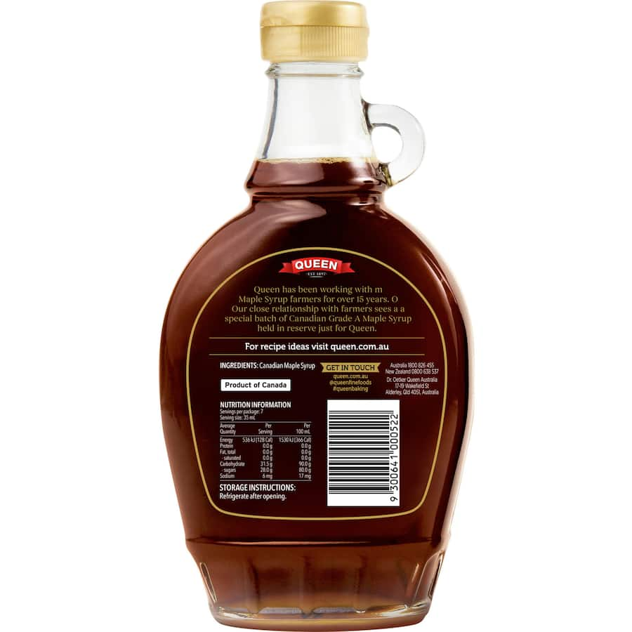 Bottle of Queen 100% Pure Maple Syrup, rich, natural sweetness from Canada, ideal for pancakes, baking, and more.