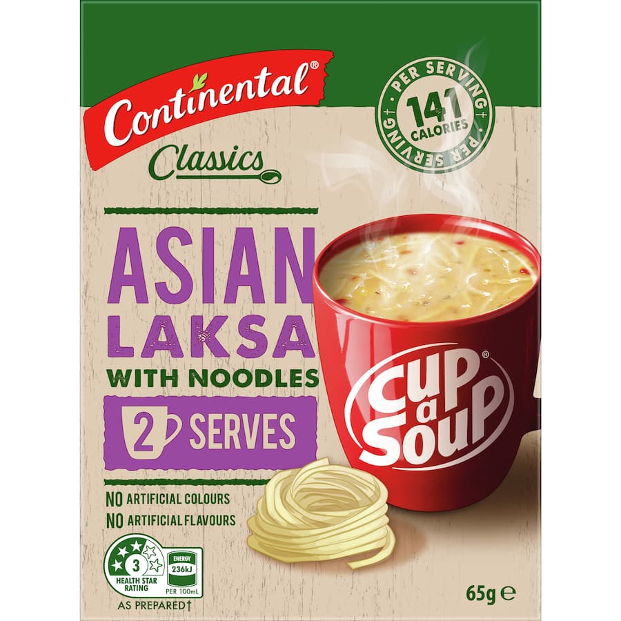 Cup of Continental Classics Asian Laksa With Noodles, showcasing a rich, aromatic soup with tender noodles.