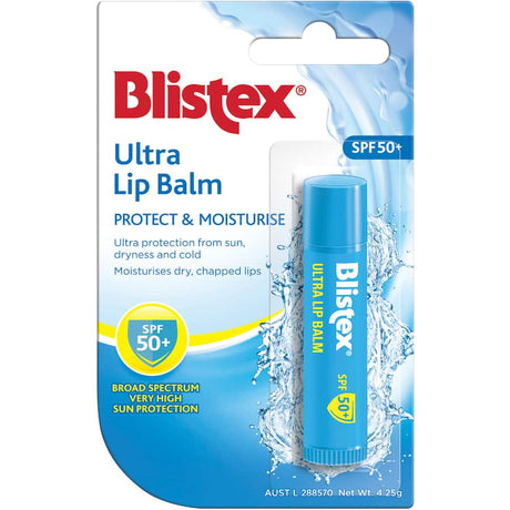 Blistex Ultra Lip Balm SPF 50+ offers intense moisture and sun protection for dry lips in any climate.