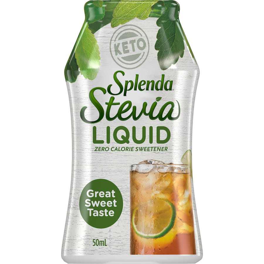 Splenda Stevia Liquid Sweetener in a dropper bottle offers zero-calorie sweetness for health-conscious diets and recipes.