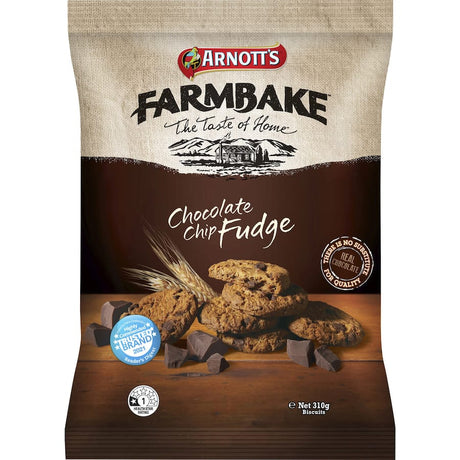 Indulge in Arnotts Farmbake Choc Chip Fudge cookies, featuring a chewy center, chocolate chunks, and perfect for sharing.