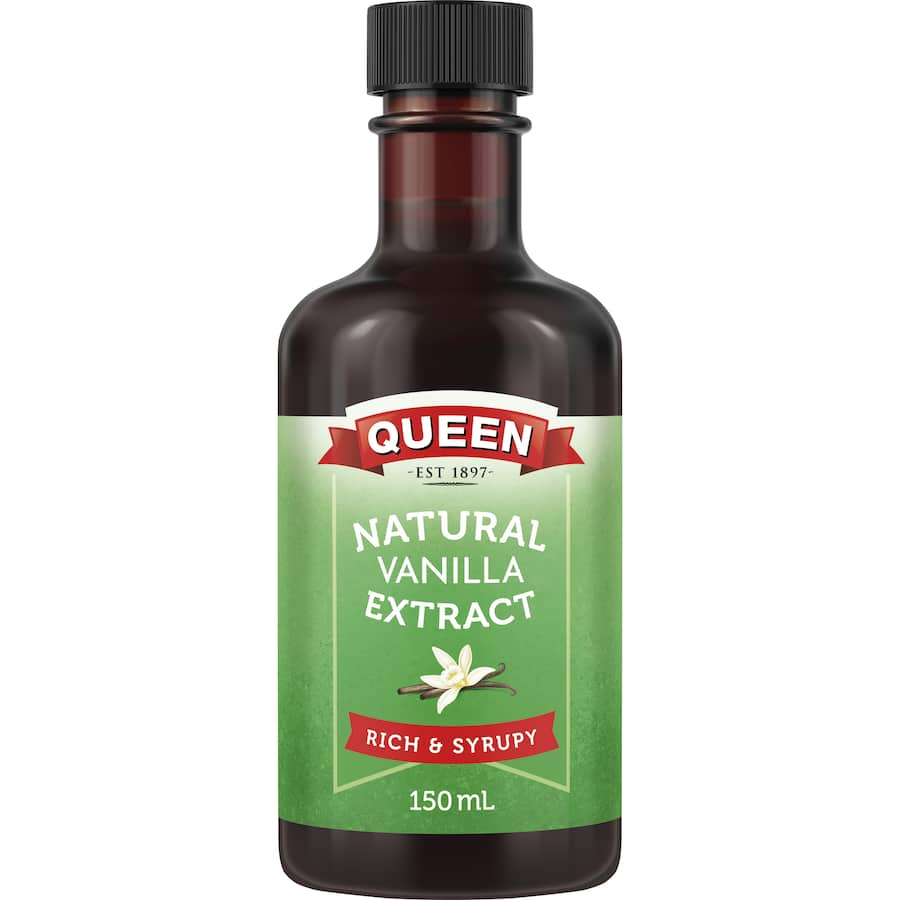 Rich and syrupy Queen Natural Vanilla Extract made from organic beans, perfect for enhancing no-heat recipes and baked goods.