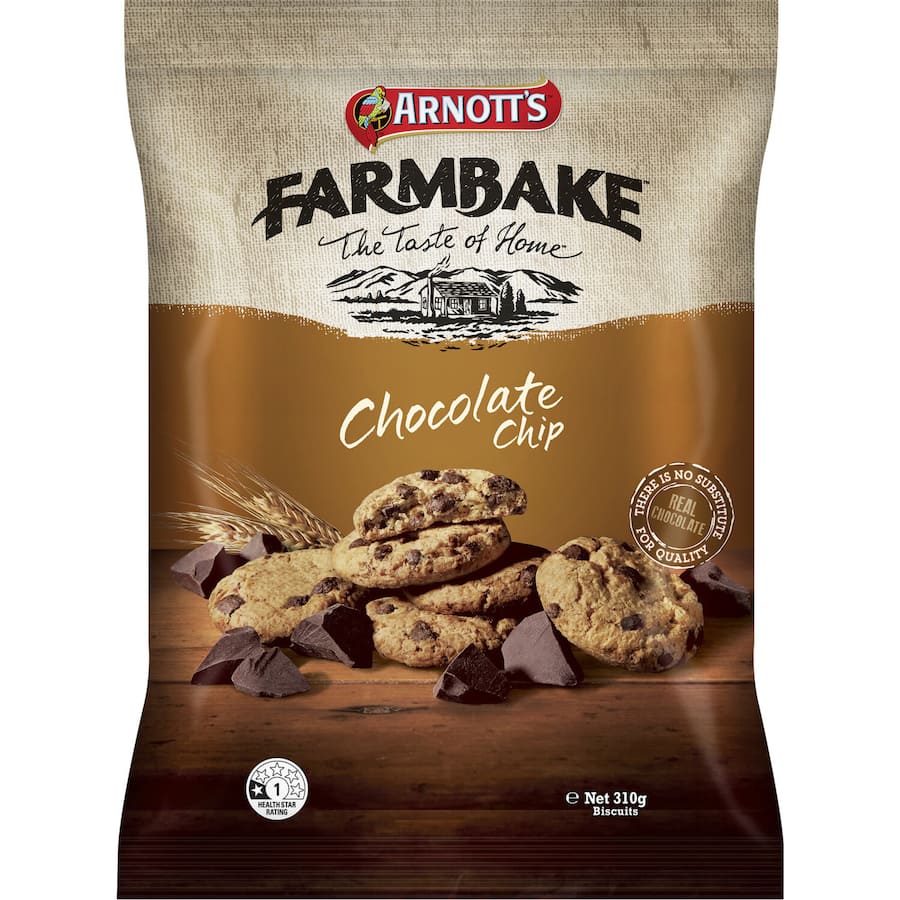 Golden-baked Arnotts Farmbake Chocolate Chip Cookies, featuring rich chocolate chips and a satisfying crunch, perfect for snacking.