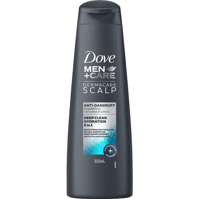 Dove Men + Care 2 in 1 Anti-Dandruff Shampoo, infused with tea tree and eucalyptus for deep cleansing and hydration.