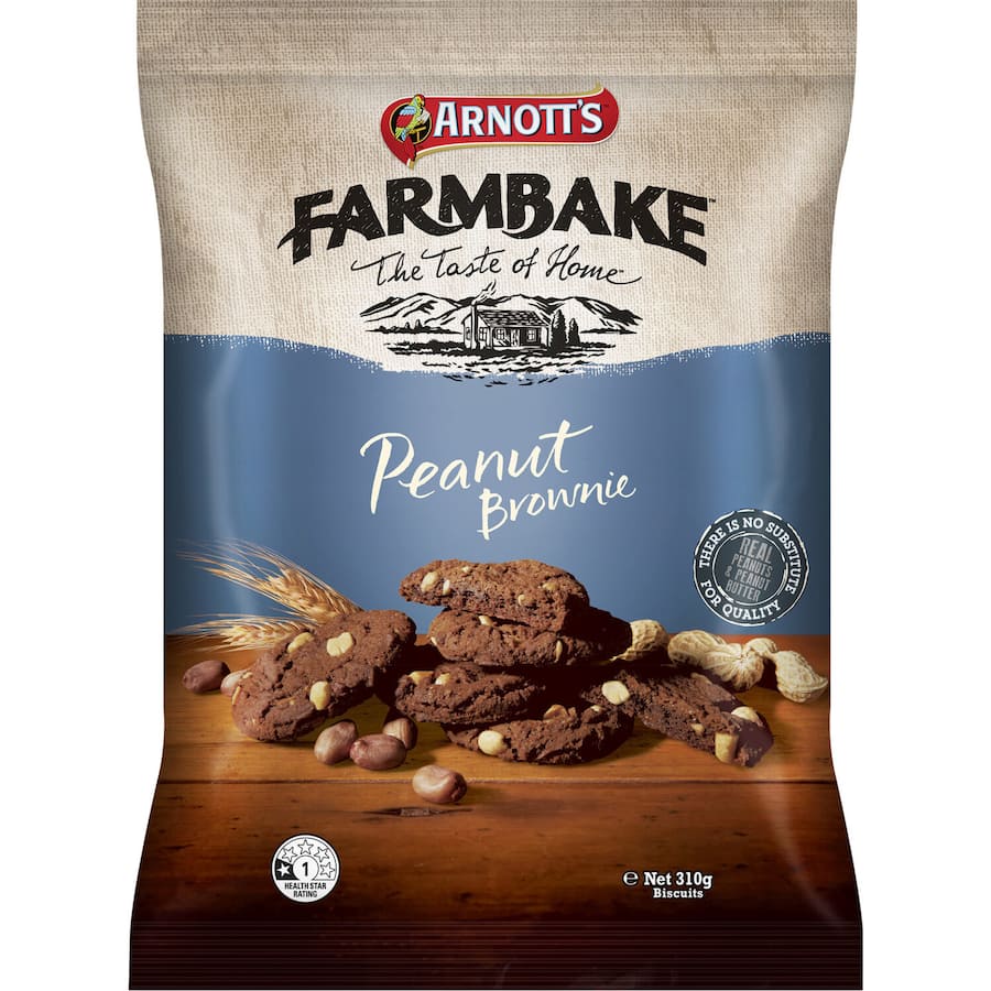 Arnotts Farmbake Cookies featuring peanut brownies, offering chewy centers and crunchy edges for a delightful treat.