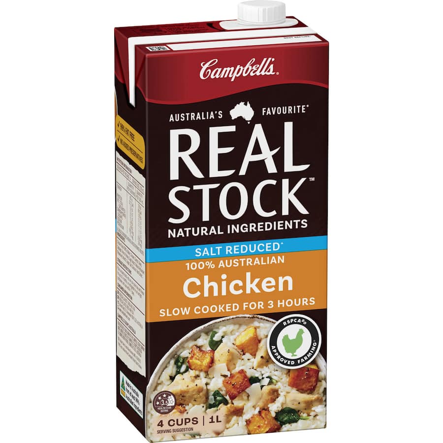 Campbell's Liquid Salt Reduced Chicken Stock enhances flavors with premium ingredients, perfect for healthy, savory meals.