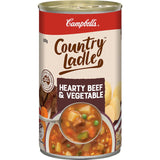 Campbell's Country Ladle Soup features tender beef and vegetables, offering a hearty, 99% fat-free meal in a convenient can.