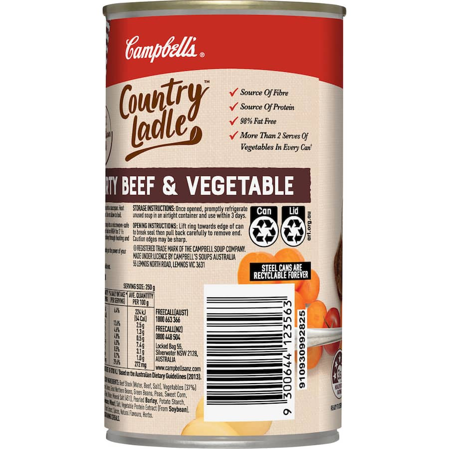 Campbell's Country Ladle Soup features tender beef and fresh vegetables in a hearty, 99% fat-free canned soup.