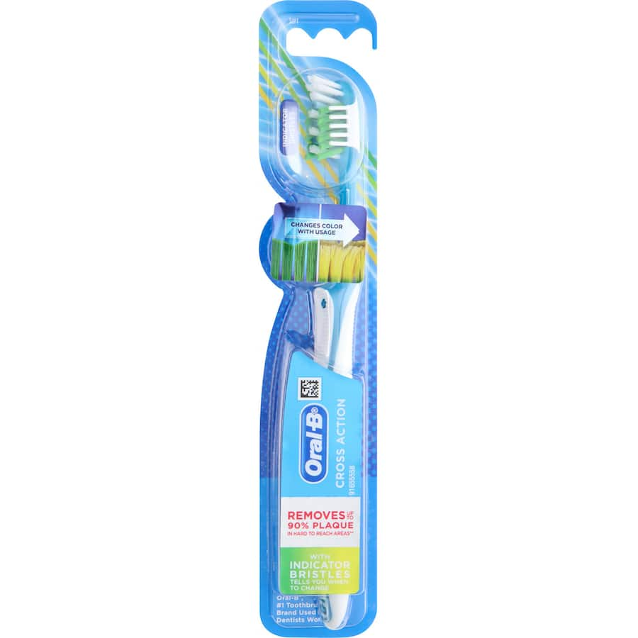 Oral B Cross Action Toothbrush with Indicator Bristles for effective plaque removal and optimal dental health.