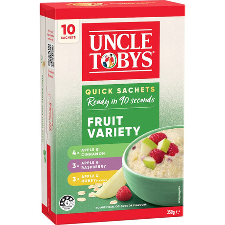 Uncle Tobys Oats Quick Fruit Variety, 350g, features 10 sachets with flavors like Apple & Cinnamon, ready in 90 seconds.