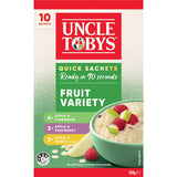 A box of Uncle Tobys Oats Quick Fruit Variety containing 10 sachets of Apple & Cinnamon, Raspberry, and Honey flavors.