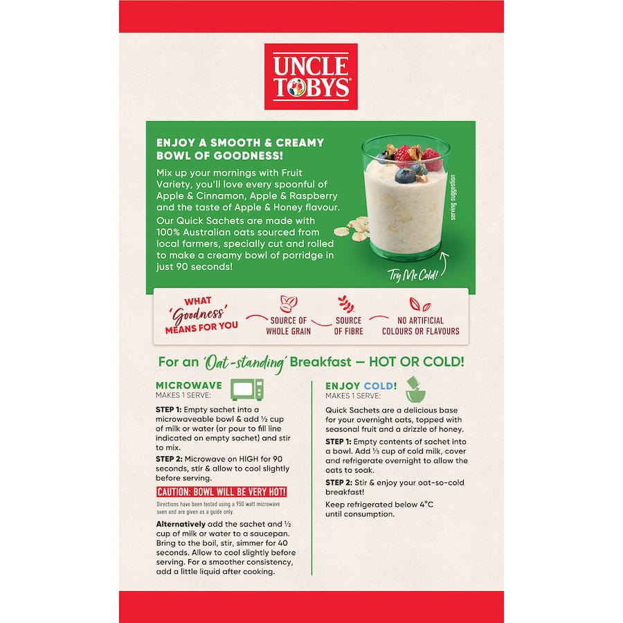 A box of Uncle Tobys Oats Quick Fruit Variety containing 10 sachets of Apple & Cinnamon, Apple & Raspberry, and Apple & Honey.