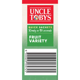 A convenient box of Uncle Tobys Oats Quick Fruit Sachets featuring flavors like Apple & Cinnamon, ready in 90 seconds.