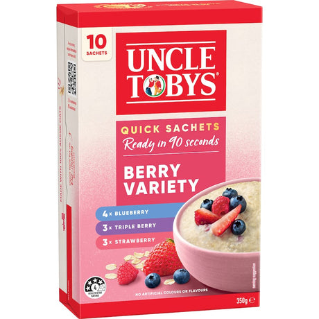 Bowl of creamy porridge topped with blueberries, strawberries, and triple berry mix from Uncle Tobys Quick Berry Variety.