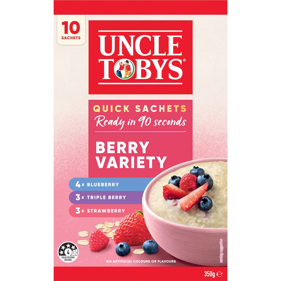 Delicious Uncle Tobys Oats Quick Berry Variety sachets featuring Blueberry, Strawberry, and Triple Berry for a nutritious breakfast.