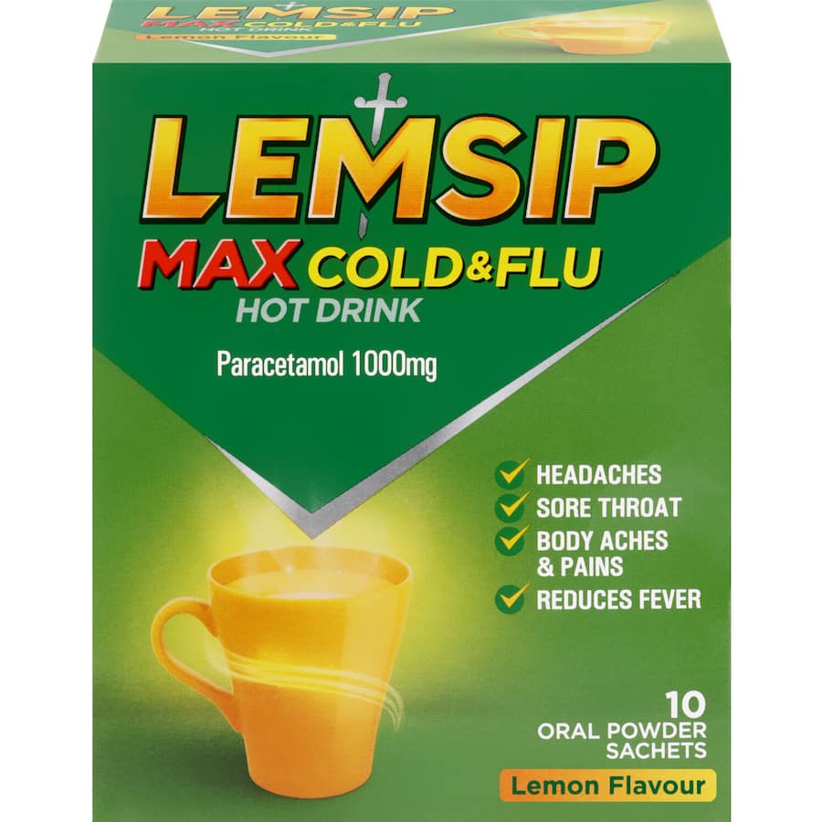 Lemsip Max Cold & Flu Lemon Hot Drink sachets for quick relief from cold symptoms like headaches and sore throats.