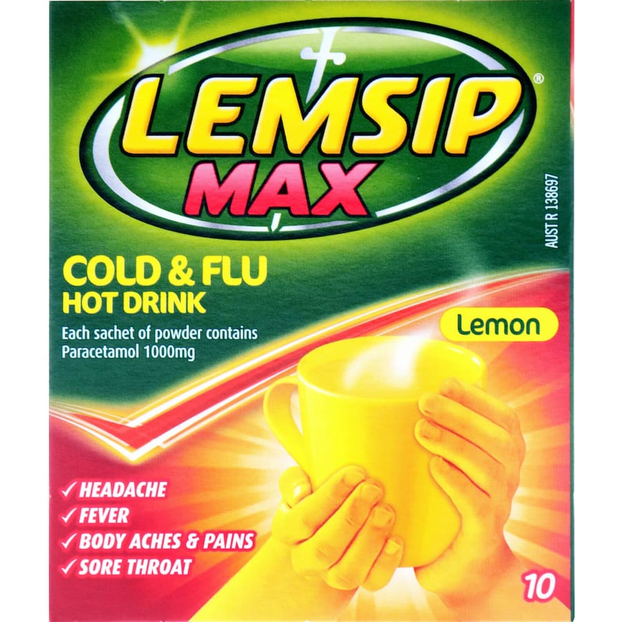 Lemsip Max Cold & Flu Lemon Hot Drink sachets for effective relief from cold and flu symptoms with a soothing lemon flavor.