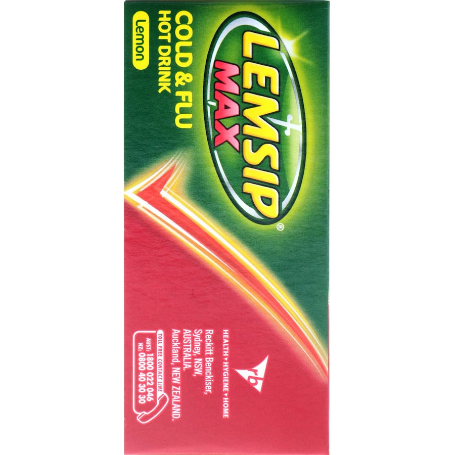 Lemsip Max Cold & Flu Lemon Hot Drink sachets for effective relief from cold symptoms, featuring a soothing lemon flavor.