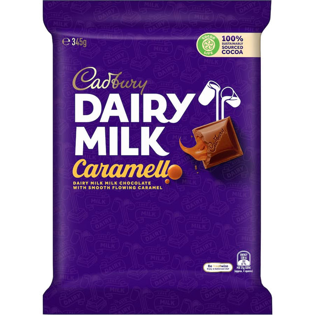 Cadbury Chocolate Caramello bar featuring rich Dairy Milk chocolate and smooth caramel, perfect for sharing and indulging.