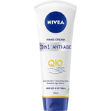 Nivea 3 in 1 Anti-age Hand Cream with Q10, nourishes, reduces wrinkles, and protects against UV damage for youthful hands.