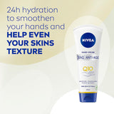 Nivea Hand Cream 3 In 1 Anti-age with Q10 complex, UV protection, nourishes, reduces wrinkles, and smoothens aging hands.