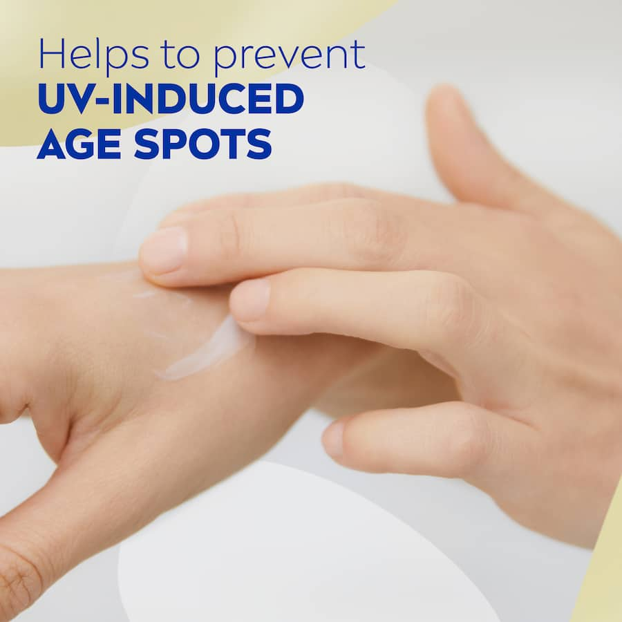 Nivea Hand Cream 3 In 1 Anti-age with Q10 complex; nourishes, reduces wrinkles, and protects against UV damage for youthful hands.