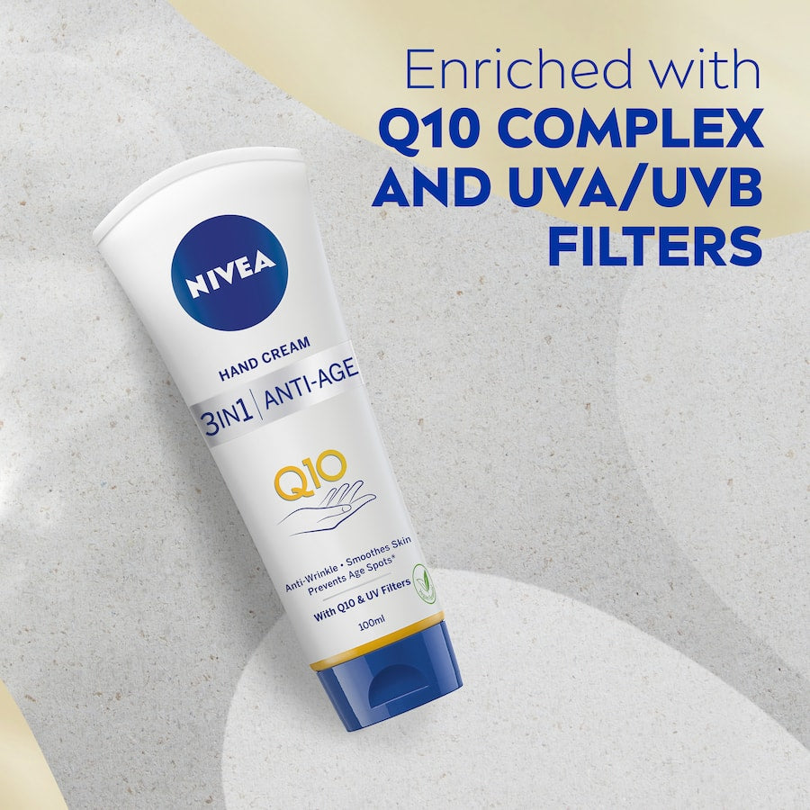 Nivea Hand Cream 3 In 1 Anti-age with Q10 complex, nourishes, reduces wrinkles, and protects against UV damage for youthful hands.