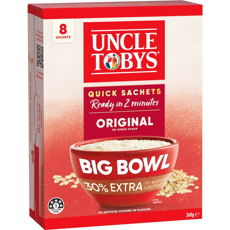 A bowl of Uncle Tobys Big Bowl Oats Quick Original, showcasing creamy rolled oats perfect for a quick and nutritious breakfast.