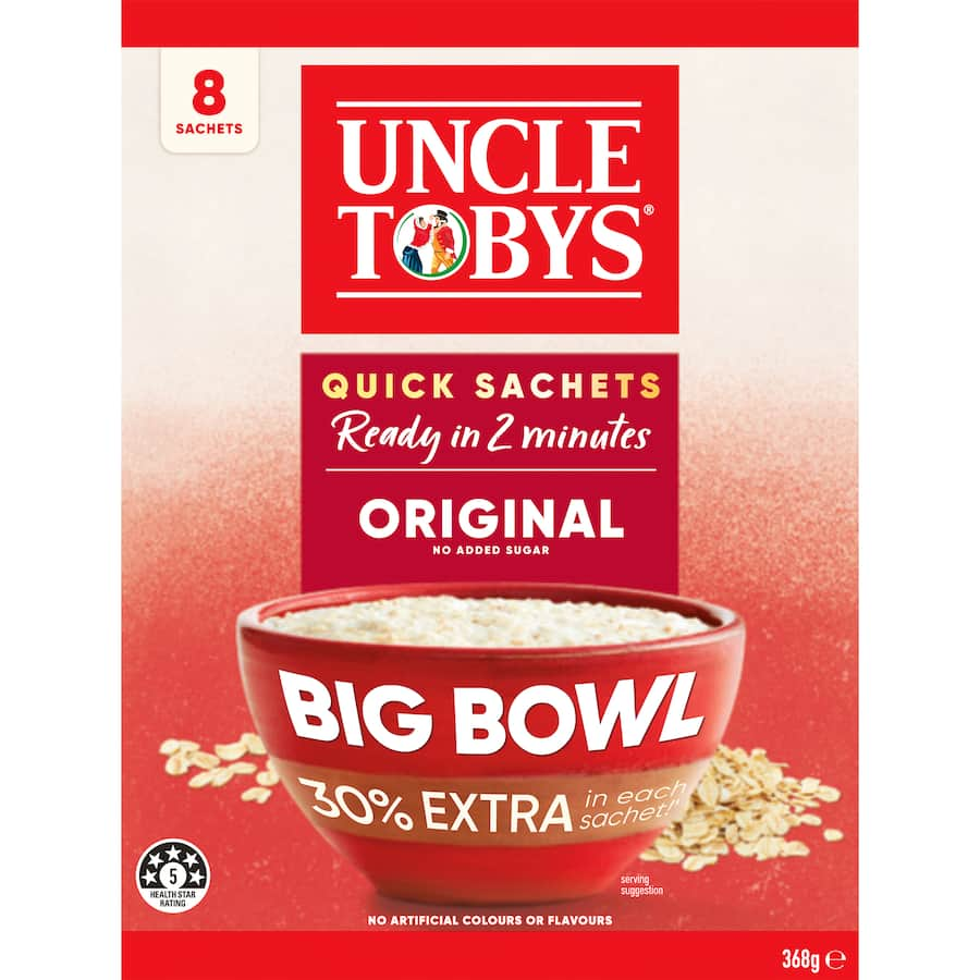 Bowl of Uncle Tobys Big Bowl Oats Quick Original, made from 100% Australian rolled oats, ideal for a nutritious breakfast.