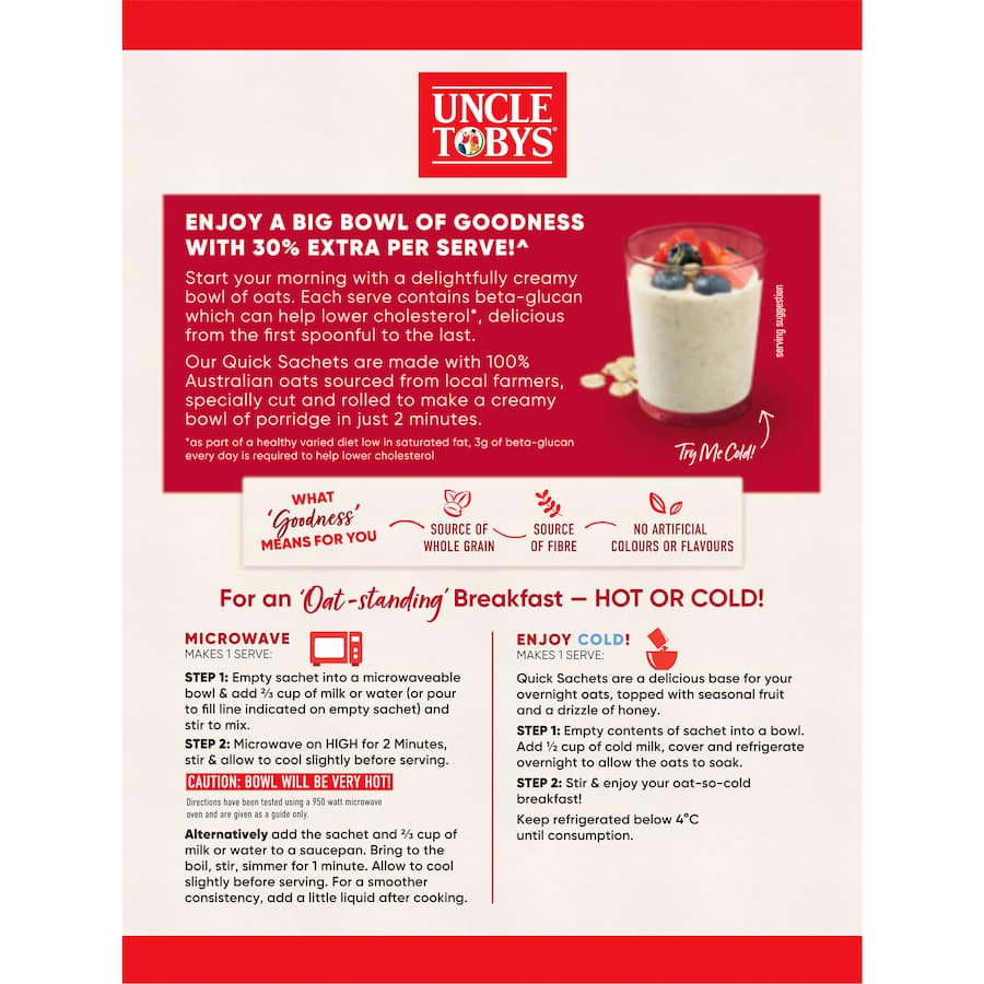 Bowl of Uncle Tobys Big Bowl Oats Quick Original sachets, showcasing nutritious rolled oats for a creamy, quick breakfast.