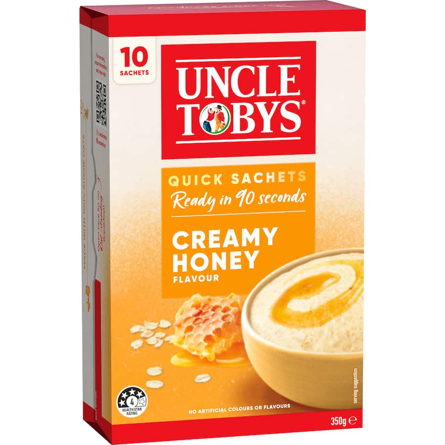 Delicious Uncle Tobys Quick Creamy Honey oats in a 350g box, perfect for quick, nutritious breakfasts or versatile recipes.