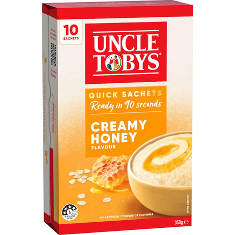 Delicious Uncle Tobys Quick Creamy Honey oats in a 350g box, perfect for quick, nutritious breakfasts or versatile recipes.