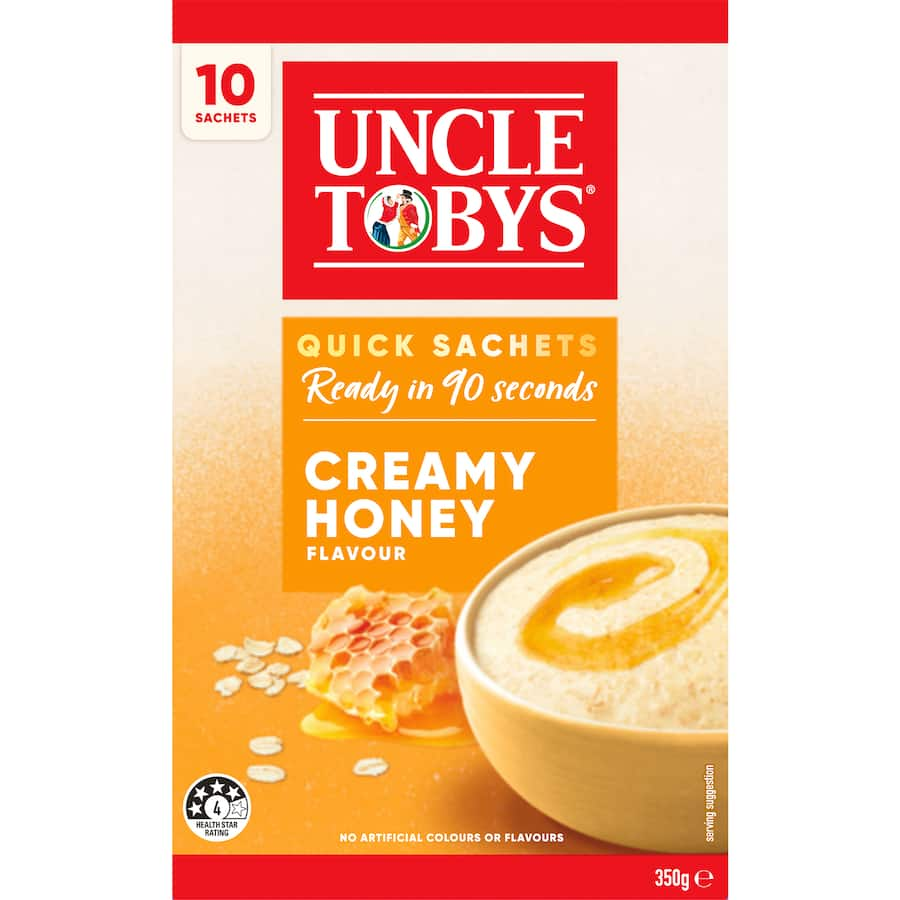 Delicious Uncle Tobys Oats Quick Creamy Honey sachets, made with 100% Australian oats for a quick, nutritious breakfast.