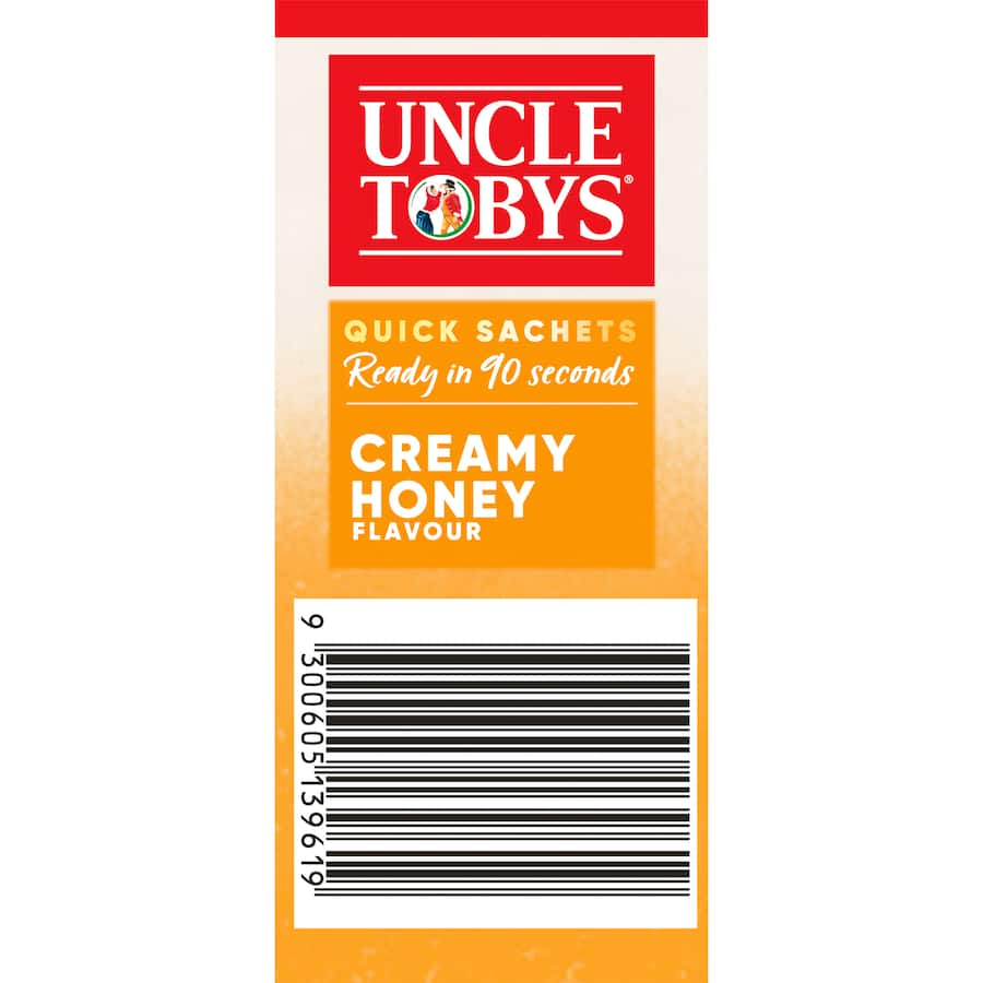 A 350g box of Uncle Tobys Oats Quick Creamy Honey with 10 sachets for easy, delicious porridge in just 90 seconds.