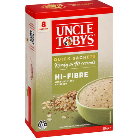 Uncle Toby's Oats Hi Fibre 8 Pack, 320g sachets, high-fiber porridge made from 100% Australian oats for a quick, nutritious breakfast.