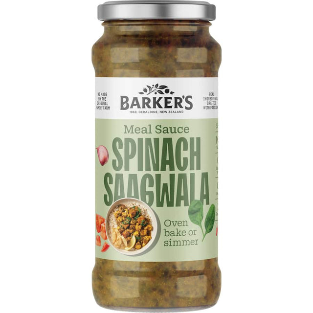 Barkers Meal Sauce Spinach Saagwala - a rich, gluten-free Indian sauce made with spinach and spices for quick, tasty meals.