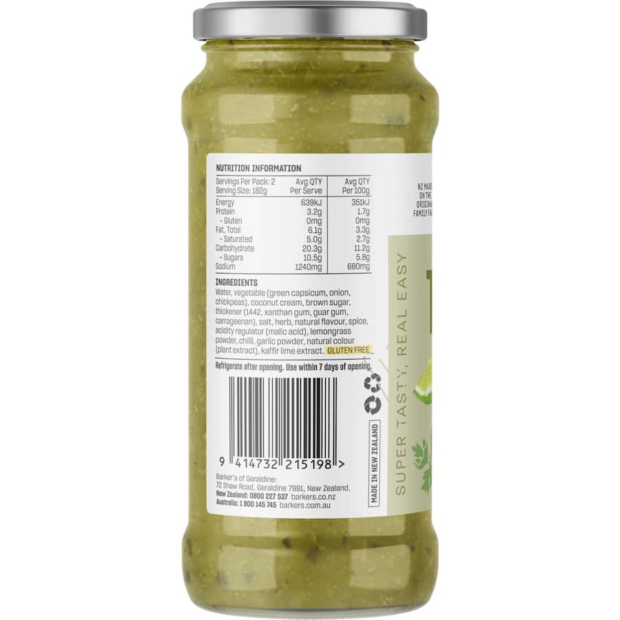 Barkers Thai Green Curry Sauce: a rich blend of herbs for quick, flavorful, gluten-free meals at home.