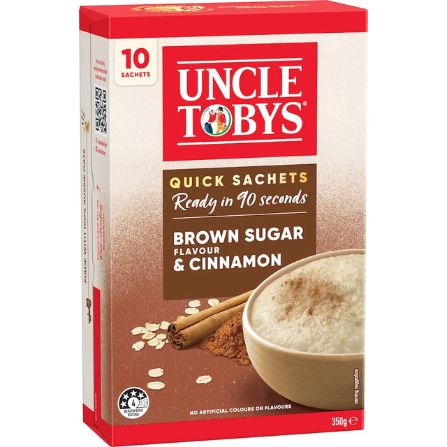 A pack of Uncle Tobys Quick Oats in Brown Sugar & Cinnamon flavor, featuring 10 convenient sachets for easy, nutritious breakfasts.