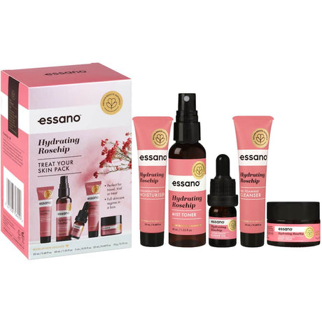 Essano Treat Your Skin Pack featuring hydrating rosehip oil for deep nourishment and a radiant complexion.