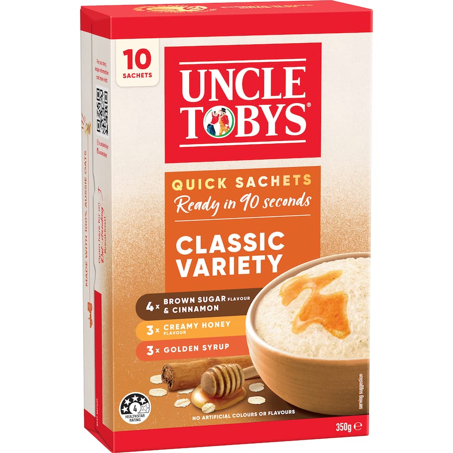 Uncle Tobys Oats Quick Classic Variety multi-pack featuring 10 sachets of Australian oats in flavors like Brown Sugar & Cinnamon.