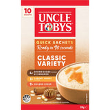 Uncle Tobys Oats Quick Classic Variety, a 350g pack with 10 quick porridge sachets in flavors like Brown Sugar & Cinnamon.