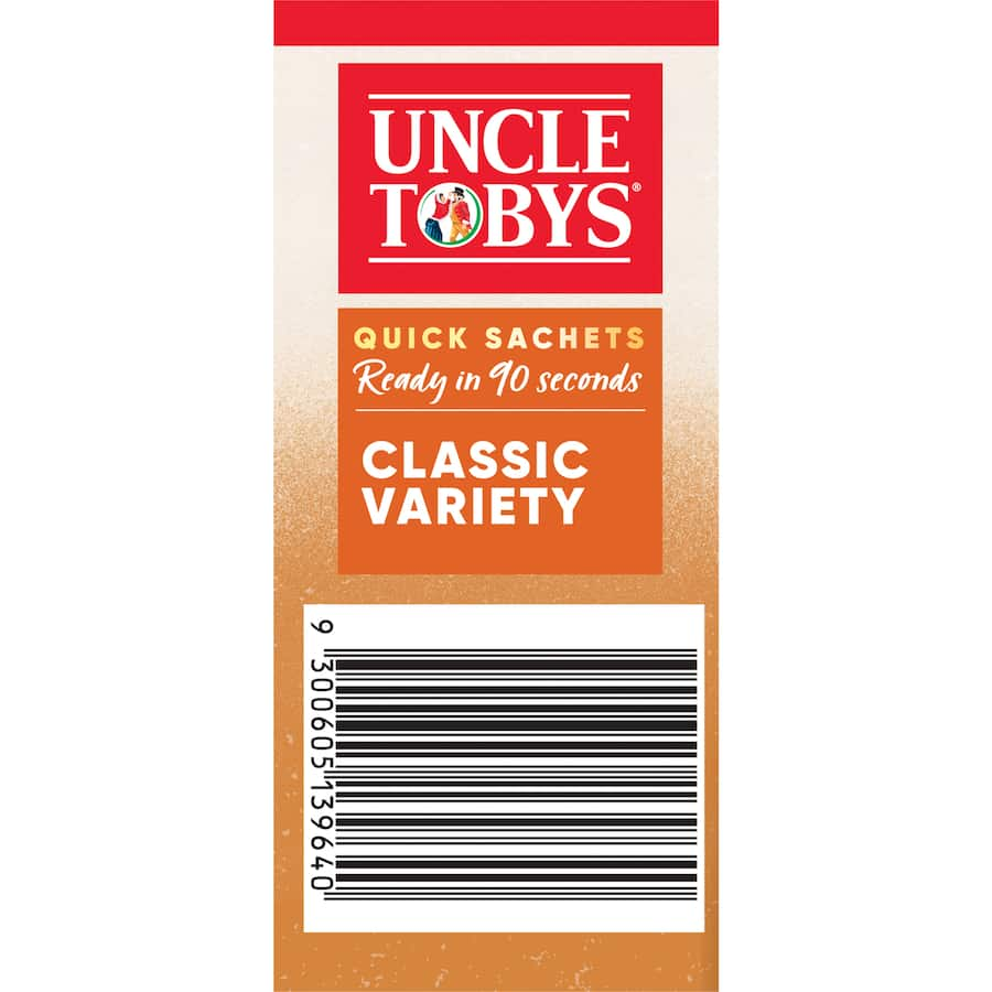 Nutritious Uncle Tobys Oats Quick Classic Variety pack with 10 sachets, featuring flavors like Brown Sugar & Cinnamon.