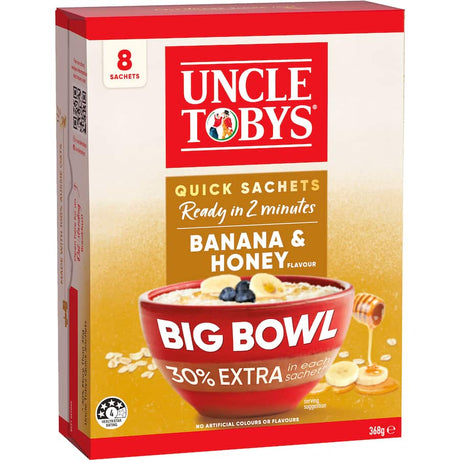 Creamy bowl of Uncle Tobys Big Bowl Oats Quick Banana & Honey, made from 100% Australian oats, ready in 2 minutes.