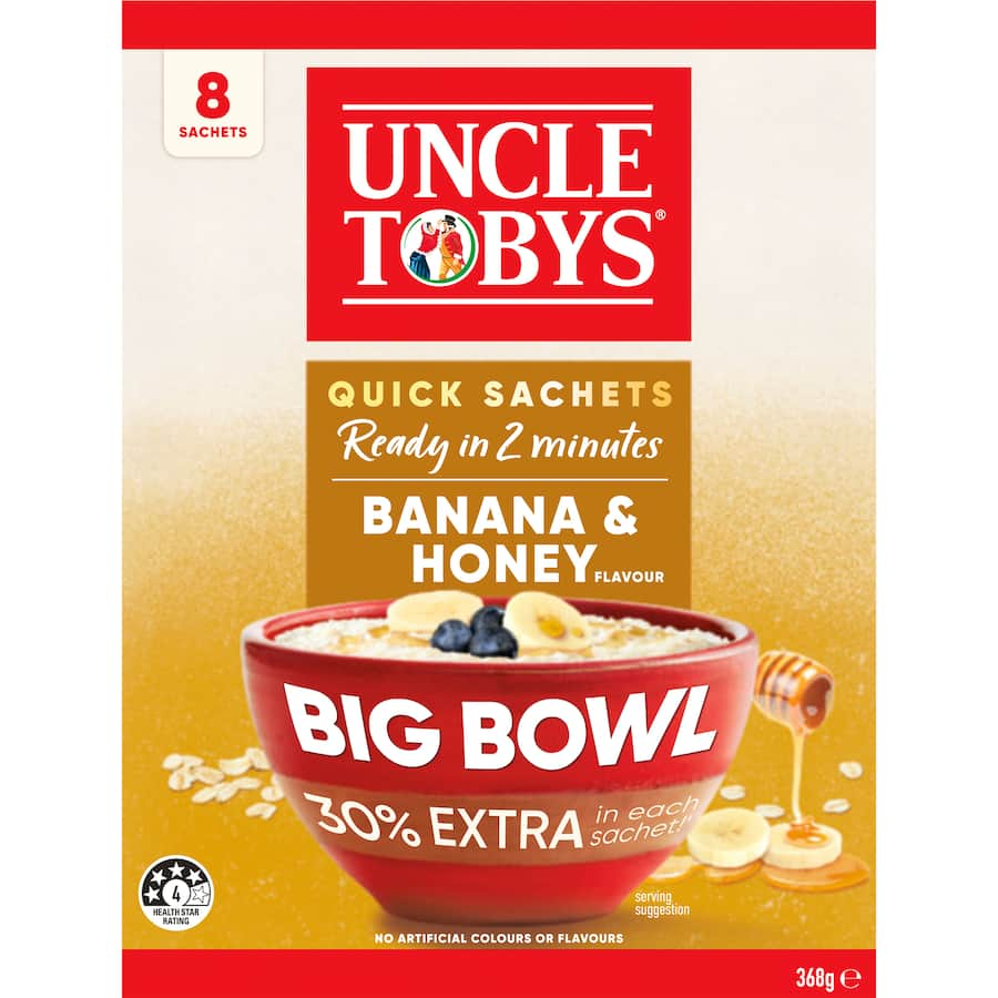 Uncle Tobys Big Bowl Oats Quick Banana & Honey pack with 8 sachets for a creamy, nutritious breakfast in just 2 minutes.