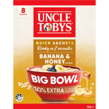 Uncle Tobys Big Bowl Oats Quick Banana & Honey pack with 8 sachets for a creamy, nutritious breakfast in just 2 minutes.