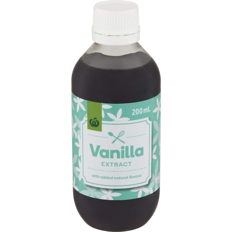 Woolworths Vanilla Extract bottle showcasing premium quality vanilla flavor for baking cookies, cakes, and custards.